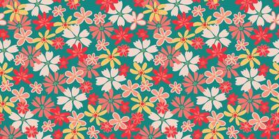 Colorful summer seamless pattern with abstract shapes groovy flowers. hand drawn sketch. Cute floral printing on a green background. Template for designs, notebook cover, childish textiles vector