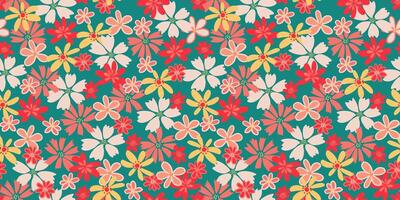 Colorful summer seamless pattern with abstract shapes groovy flowers. hand drawn sketch. Cute floral printing on a green background. Template for designs, notebook cover, childish textiles vector