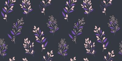 Seamless pattern with creative tiny branches leaves with abstract flowers buds. Minimalist, dark simple floral stem printing. hand drawn sketch. Template for designs, fashion, fabric, textile vector
