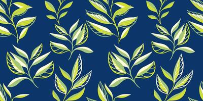 Trendy seamless pattern with tropical, minimalist, stylized green leaves stem. hand drawn sketch. Creative simple leaf branches on a dark blue background print. Collage template for designs vector