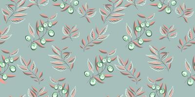 menta sin costura modelo con creativo minúsculo sucursales, formas aceitunas bayas. mano dibujado. sencillo pastel verde antecedentes con resumen hojas tallos. modelo para diseños, textil, tela, impresión vector