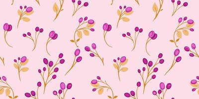 Creative branches with abstract shapes berries and tiny leaves scattered randomly in a seamless pattern. hand drawn. Colorful pink minimalist printing. Template for designs, textile, fabric vector