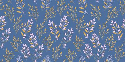 Abstract small branches leaves and tiny flowers buds seamless pattern. Minimalist creative floral stems printing on a blue background. hand drawn sketch. Template for designs, fabric, textile vector