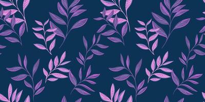 Artistic abstract leaf stem seamless pattern. hand drawn. Simple dark blue background with purple branches leaves on a print. Collage template for designs, textile, fabric vector