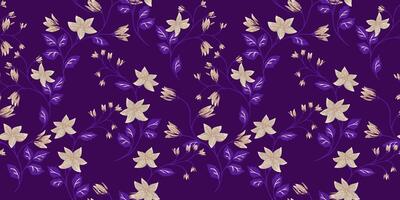 Elegance monotone seamless pattern with branches with tiny flowers bells, small leaves. hand drawn illustration. Abstract artistic floral stems printing intertwined in a violet background. vector