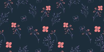 Hand drawing sketch small branches and ditsy flowers seamless pattern. Abstract minimalist dark printing with tiny floral stems. Template for designs, textile, paper, cover, fabric vector