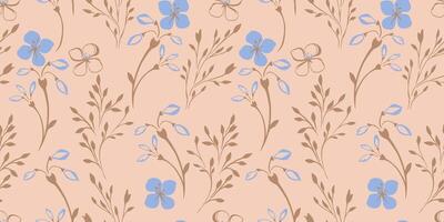 Pastel abstract minimalist wild floral stem seamless pattern on beige background. hand drawn sketch. Simple art shapes branches with ditsy blue flowers, tiny leaves, buds patterned. vector
