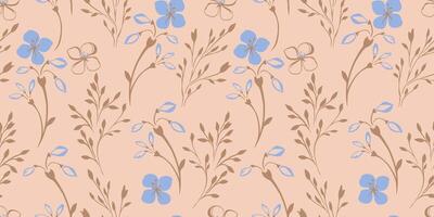 Pastel abstract minimalist wild floral stem seamless pattern on beige background. hand drawn sketch. Simple art shapes branches with ditsy blue flowers, tiny leaves, buds patterned. vector