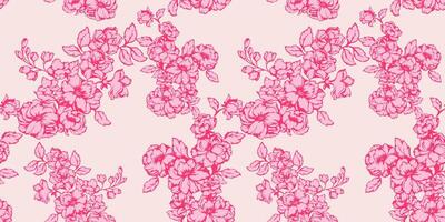 Abstract artistic blossoms branches floral seamless pattern. hand drawn illustration. Bi color pink branches flowers and buds, leaves print on a light background. Collage template for designs vector