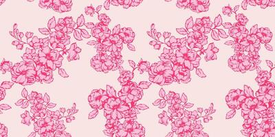 Abstract artistic blossoms branches floral seamless pattern. hand drawn illustration. Bi color pink branches flowers and buds, leaves print on a light background. Collage template for designs vector