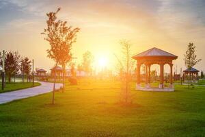 ciudad parque en temprano verano o primavera con linternas, joven verde césped, arboles y dramático nublado cielo en un puesta de sol o amanecer. foto