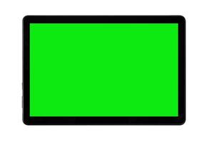 negro tableta aislado en un blanco antecedentes. verde pantalla con blanco con Copiar espacio. croma llave burlarse de arriba. foto