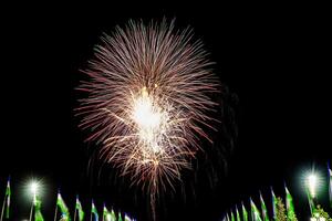 Colorful celebration fireworks isolated on a black sky background and waving flags of Uzbekistan. photo