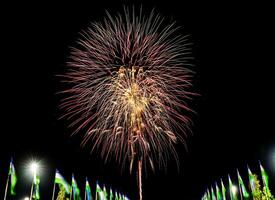 Colorful celebration fireworks isolated on a black sky background and waving flags of Uzbekistan. photo