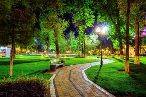 City night park in early summer or spring with pavement, lanterns, young green lawn and trees. photo