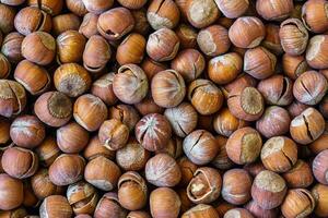 el textura de un montón de avellanas en el caparazón. antecedentes de sano planta vegano alimento. nueces. foto