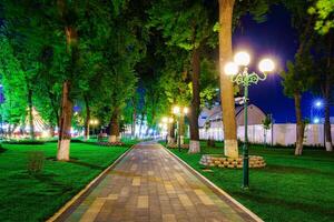 ciudad noche parque en temprano verano o primavera con acera, linternas, joven verde césped y arboles foto