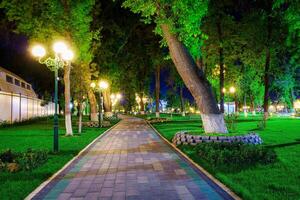 City night park in early summer or spring with pavement, lanterns, young green lawn and trees. photo