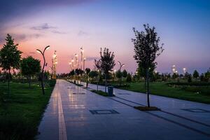 ciudad parque en temprano verano o primavera con acera, linternas, joven verde césped, arboles y dramático nublado cielo en un puesta de sol o amanecer. foto