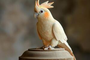 Graceful wooden cockatiel sculpture showcasing detailed carving and natural wood texture AI Image photo