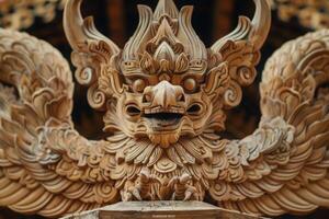 Detailed wooden dragon sculpture. Lifelike features captured in photo AI Image