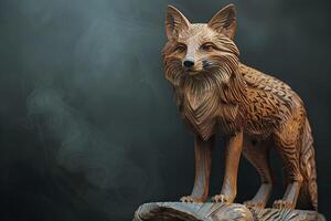 Lifelike wooden fox sculpture with majestic presence and detailed carving AI Image photo