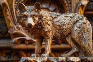 Detailed wooden wolf sculpture showcasing proud posture. Craftsmanship concept AI Image photo