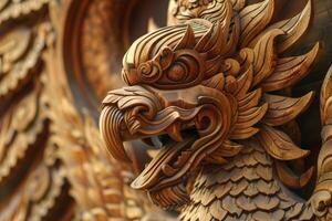 Wooden Garuda figurine showcasing powerful wings and fierce expression AI Image photo