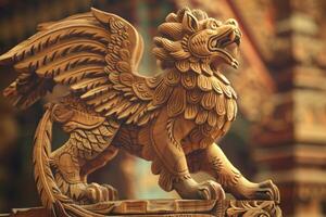 Wooden Griffin sculpture with majestic wings and powerful lion's body AI Image photo