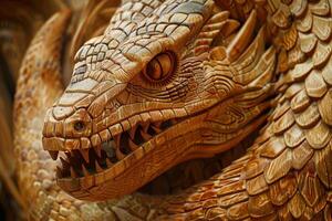 Intricately carved wooden Basilisk with a menacing gaze. Serpentine details captured in photo AI Image