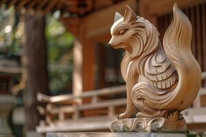 Mystical Aura Wooden Kitsune Sculpture with Intricate Fox-Like Features AI Image photo