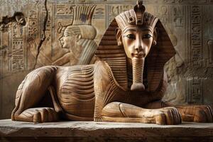 Enigmatic Wooden Sphinx Regal Posture and Mystical Expression. AI Image photo