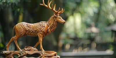 majestuoso ciervo escultura con orgulloso postura y intrincado de madera artesanía ai imagen foto