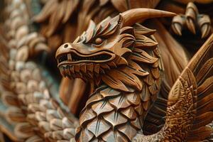 Detailed photo of a wooden Basilisk with a menacing gaze and intricate serpentine details AI Image