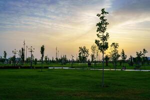 City park in early summer or spring with lanterns, young green lawn, trees and dramatic cloudy sky on a sunset or sunrise. photo