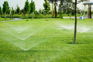 Automatic lawn watering system watering the young green lawn grass in the park. photo