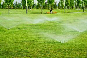 Automatic lawn watering system watering the young green lawn grass in the park. photo