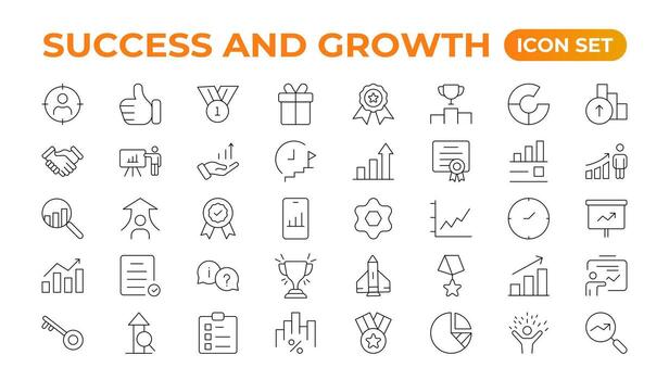 Growth and success line icons collection. Big UI icon set in a flat design. Thin outline pack. Growth and Success set. Successful business development, plan process symbol. vector