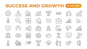 Growth and success line icons collection. Big UI icon set in a flat design. Thin outline pack. Growth and Success set. Successful business development, plan process symbol. vector