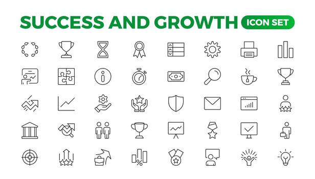 Growth and success line icons collection. Big UI icon set in a flat design. Thin outline pack. Growth and Success set. Successful business development, plan process symbol. vector