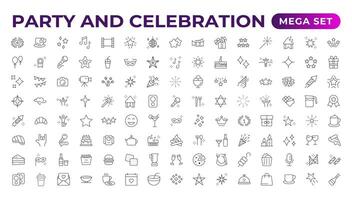 Party celebration thin line icons set. Birthdays, holidays, events, festive. Basic party elements collection. simple linear design bundle of thirty happy birthday flat style and lettering. vector