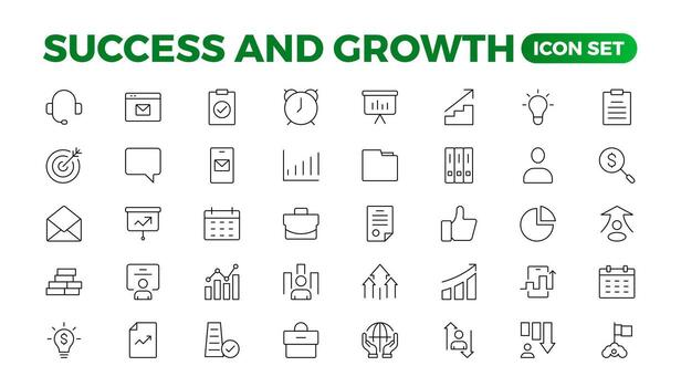 Growth and success line icons collection. Big UI icon set in a flat design. Thin outline pack. Growth and Success set. Successful business development, plan process symbol. vector