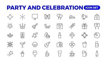 Party celebration thin line icons set. Birthdays, holidays, events, festive. Basic party elements collection. simple linear design bundle of thirty happy birthday flat style and lettering. vector