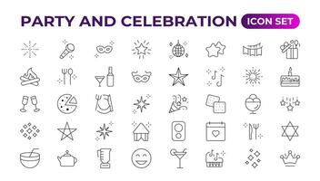 Party celebration thin line icons set. Birthdays, holidays, events, festive. Basic party elements collection. simple linear design bundle of thirty happy birthday flat style and lettering. vector