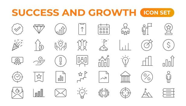 Growth and success line icons collection. Big UI icon set in a flat design. Thin outline pack. Growth and Success set. Successful business development, plan process symbol. vector
