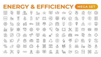 Set of Energyand Ecology line icons set. outline with editable stroke collection. Includes Eco Home, Nuclear Energy, Power Plant, Solar Energy.Simple set about energy efficiency and saving. vector