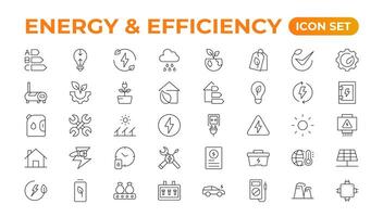 Set of Energyand Ecology line icons set. outline with editable stroke collection. Includes Eco Home, Nuclear Energy, Power Plant, Solar Energy.Simple set about energy efficiency and saving. vector