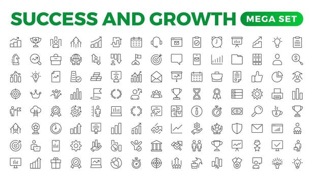 Growth and success line icons collection. Big UI icon set in a flat design. Thin outline pack. Growth and Success set. Successful business development, plan process symbol. vector