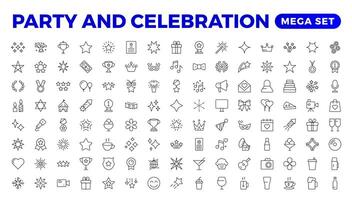 Party celebration thin line icons set. Birthdays, holidays, events, festive. Basic party elements collection. simple linear design bundle of thirty happy birthday flat style and lettering. vector