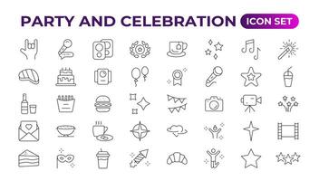 Party celebration thin line icons set. Birthdays, holidays, events, festive. Basic party elements collection. simple linear design bundle of thirty happy birthday flat style and lettering. vector